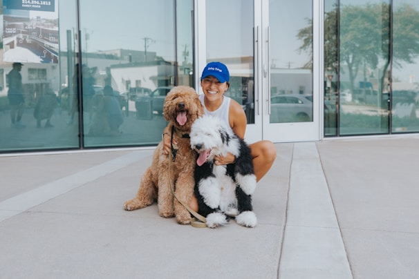 A person in athletic wear is crouching outside a modern building with large glass windows, accompanied by two fluffy dogs. One dog has a curly brown coat, while the other has a shaggy black and white coat. The person is smiling, appearing joyful and relaxed.