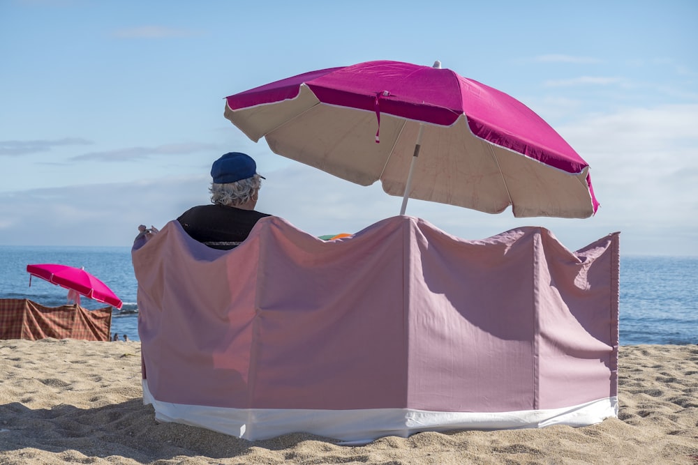 a person sitting under an umbrella on a beach