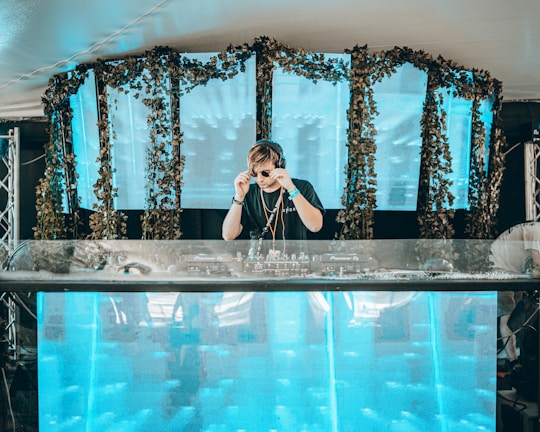 A DJ is performing on stage, adjusting their sunglasses. The setup includes a large mixing console and a backdrop of vibrant blue panels decorated with greenery. The scene has a modern and energetic atmosphere.