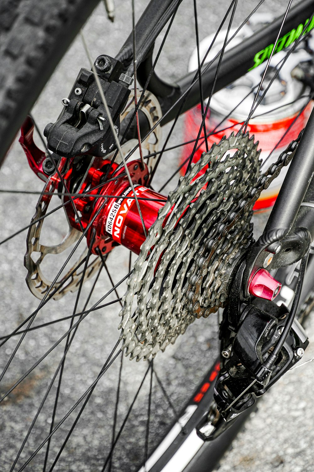 red and black bicycle wheel