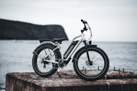 A serene landscape featuring an electric bike resting by a lake.