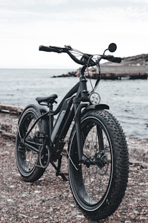A black electric bike with thick, rugged tires is parked near a body of water, likely a sea or ocean. The bike is positioned on a rocky or gravelly surface, with a distant shoreline and cloudy sky in the background.