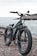A black electric bike with thick, rugged tires is parked near a body of water, likely a sea or ocean. The bike is positioned on a rocky or gravelly surface, with a distant shoreline and cloudy sky in the background.