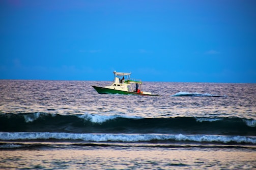 A sleek motorboat cutting through calm blue waters under a clear sky.