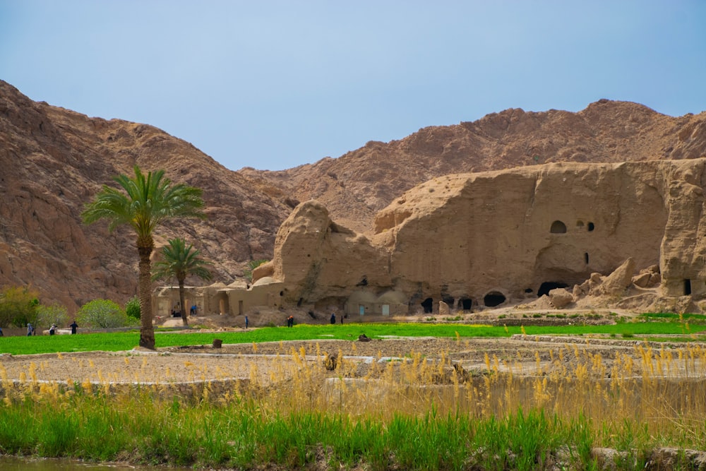 brown rock formation near green grass field during daytime