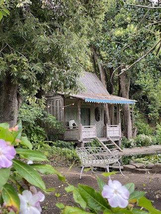 A rustic wooden cabin is nestled among lush greenery, surrounded by large trees and vibrant plants. The cabin features a small porch with a chair, and a canopy of hanging lights adds a charming touch. In the foreground, a garden bench and flowering plants provide a cozy and serene atmosphere.