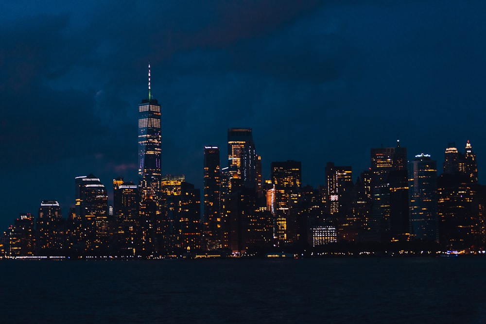 city skyline during night time