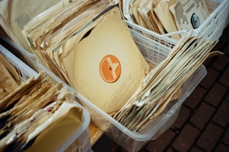 Stacks of aged paper record sleeves are organized in transparent plastic containers. One visible record in an orange sleeve stands out.