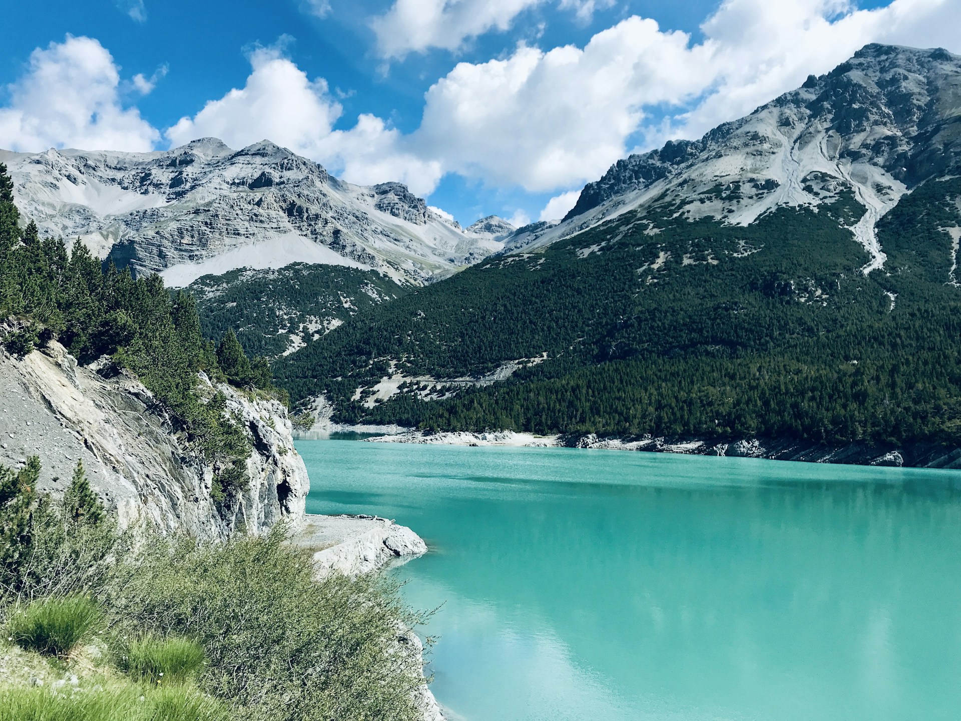 green lake surrounded by green trees and mountain under blue sky during daytime