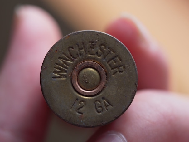 Close-up view of a brass shotgun shell held between two fingers, with the word 'Winchester' and '12 GA' engraved on the base.