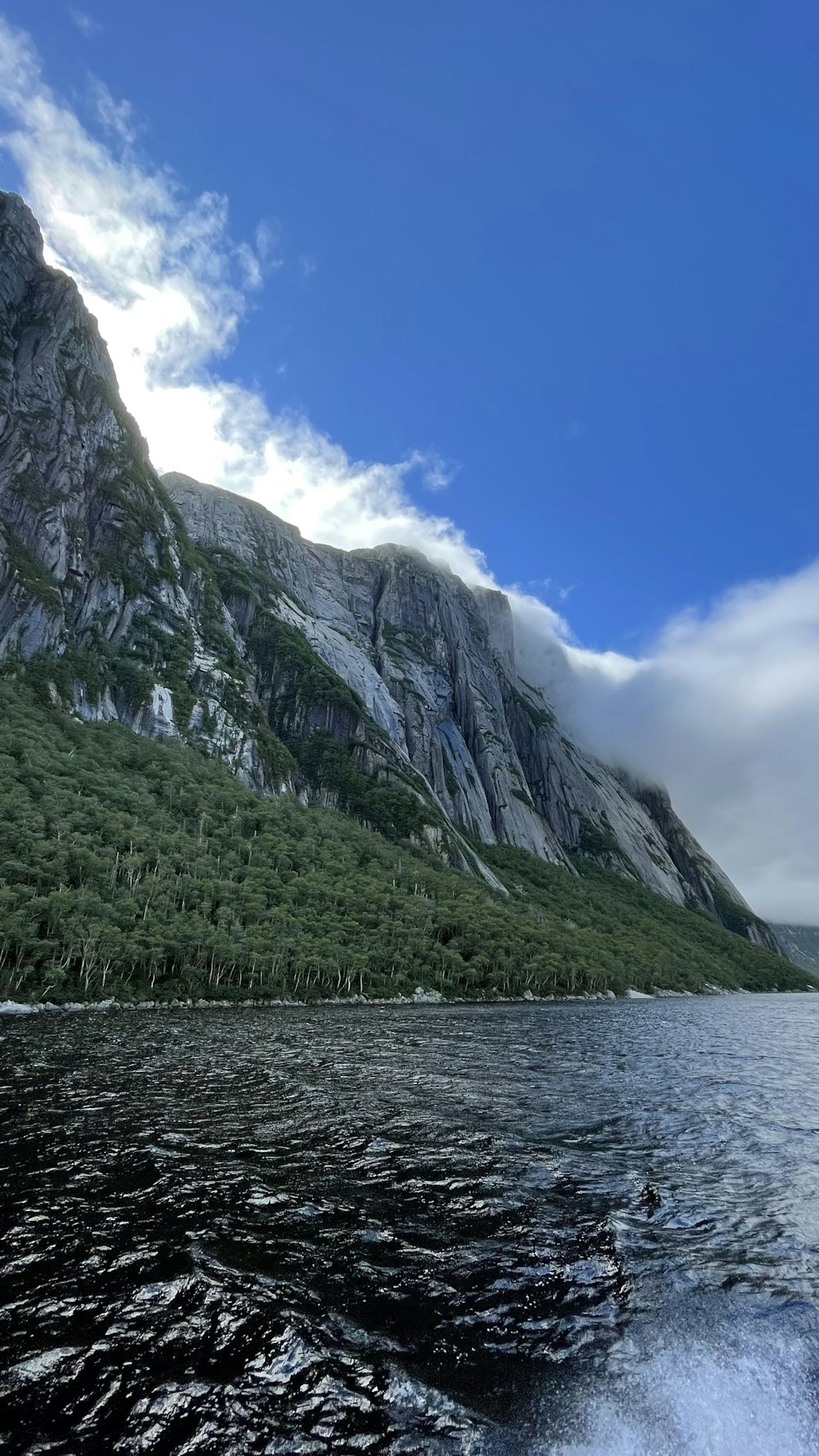 green and gray mountain beside body of water under blue sky during daytime