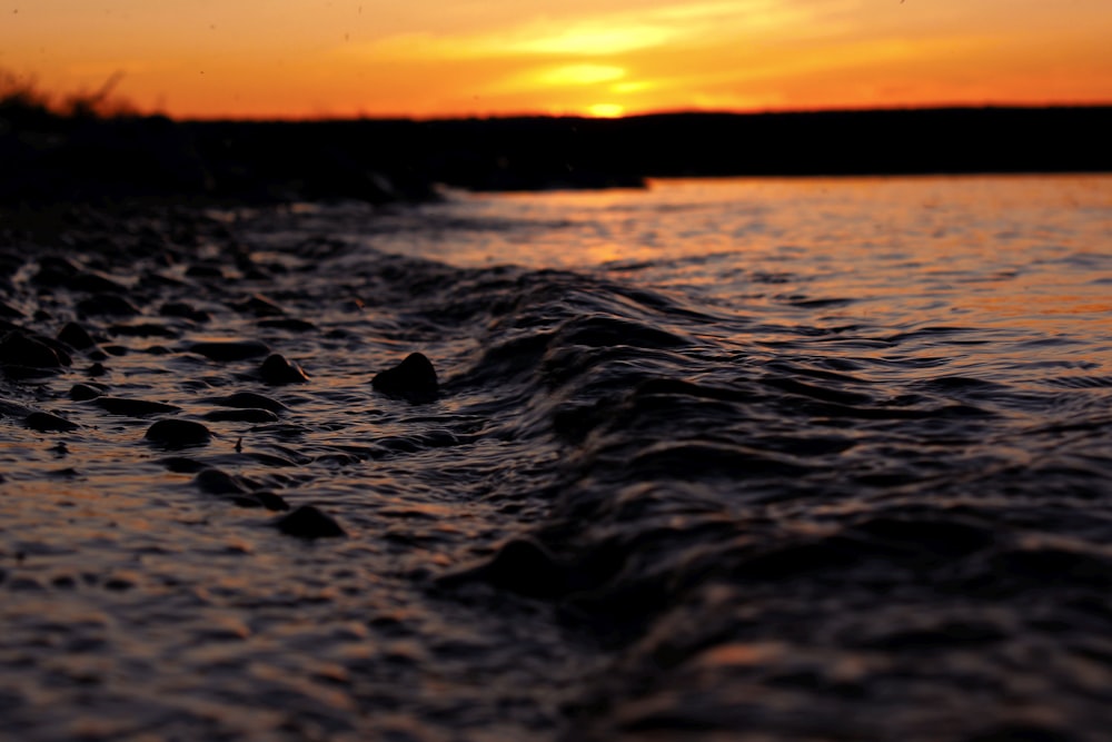 body of water during sunset