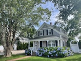 white and gray wooden house near green trees under white clouds during daytime