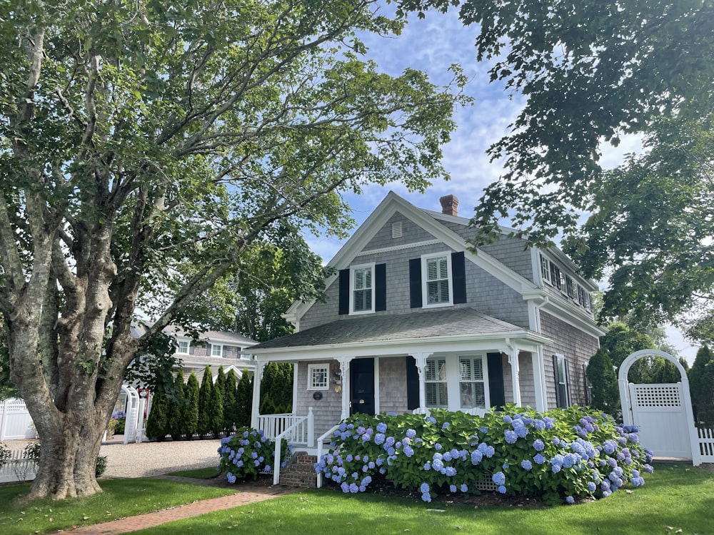 white and gray wooden house near green trees under white clouds during daytime