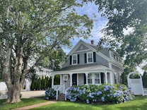 white and gray wooden house near green trees under white clouds during daytime