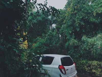 A comfortable rental car parked near a famous Jogja landmark with lush greenery
