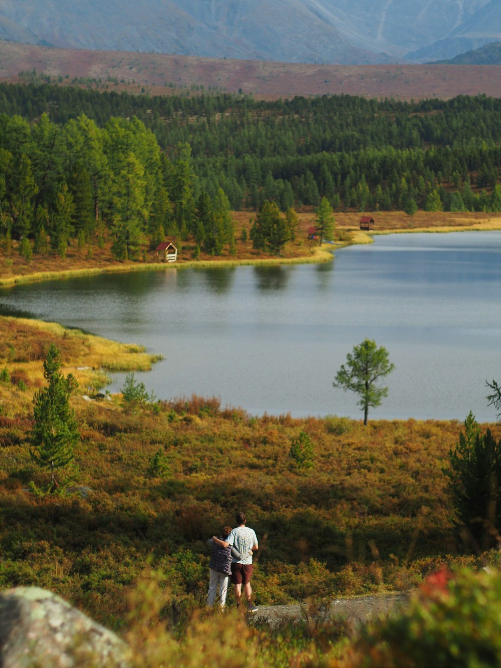 person in white jacket sitting on green grass near lake during daytime