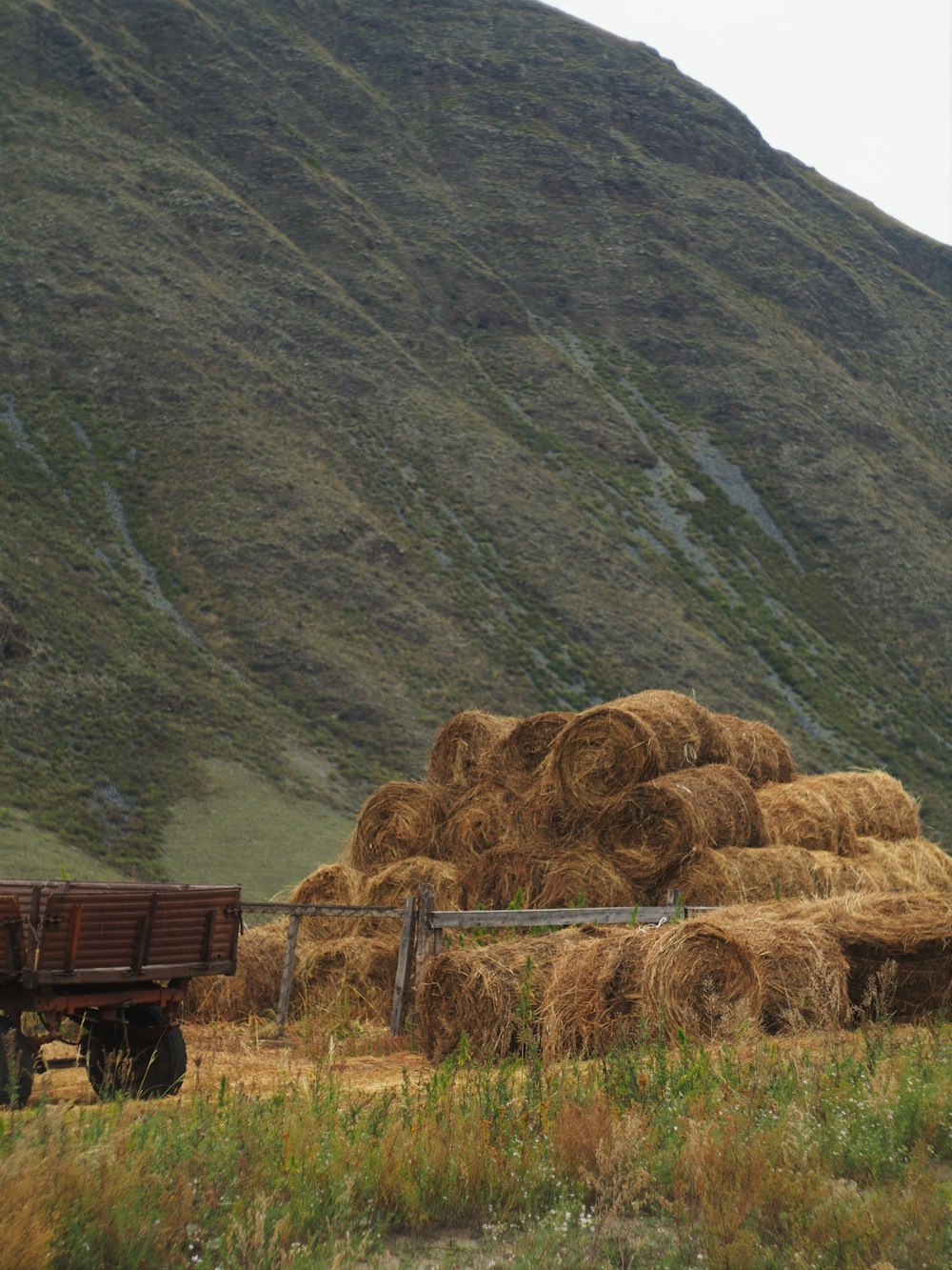 brown wooden trailer on green grass field near mountain during daytime