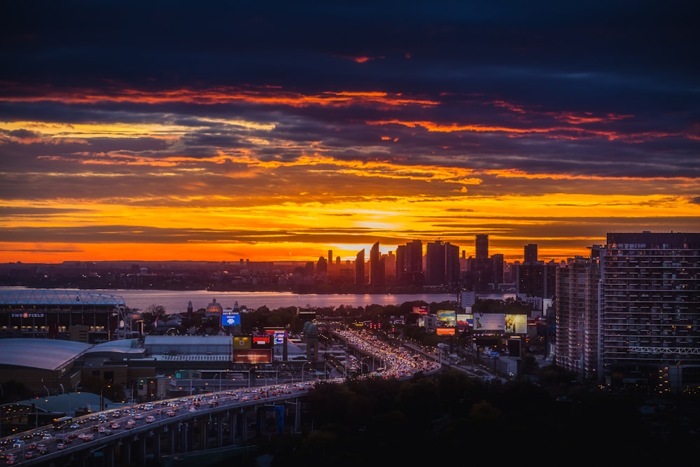 city skyline during night time