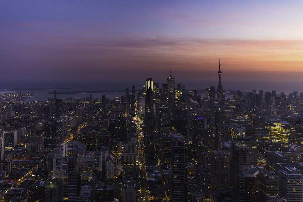 aerial view of city buildings during night time