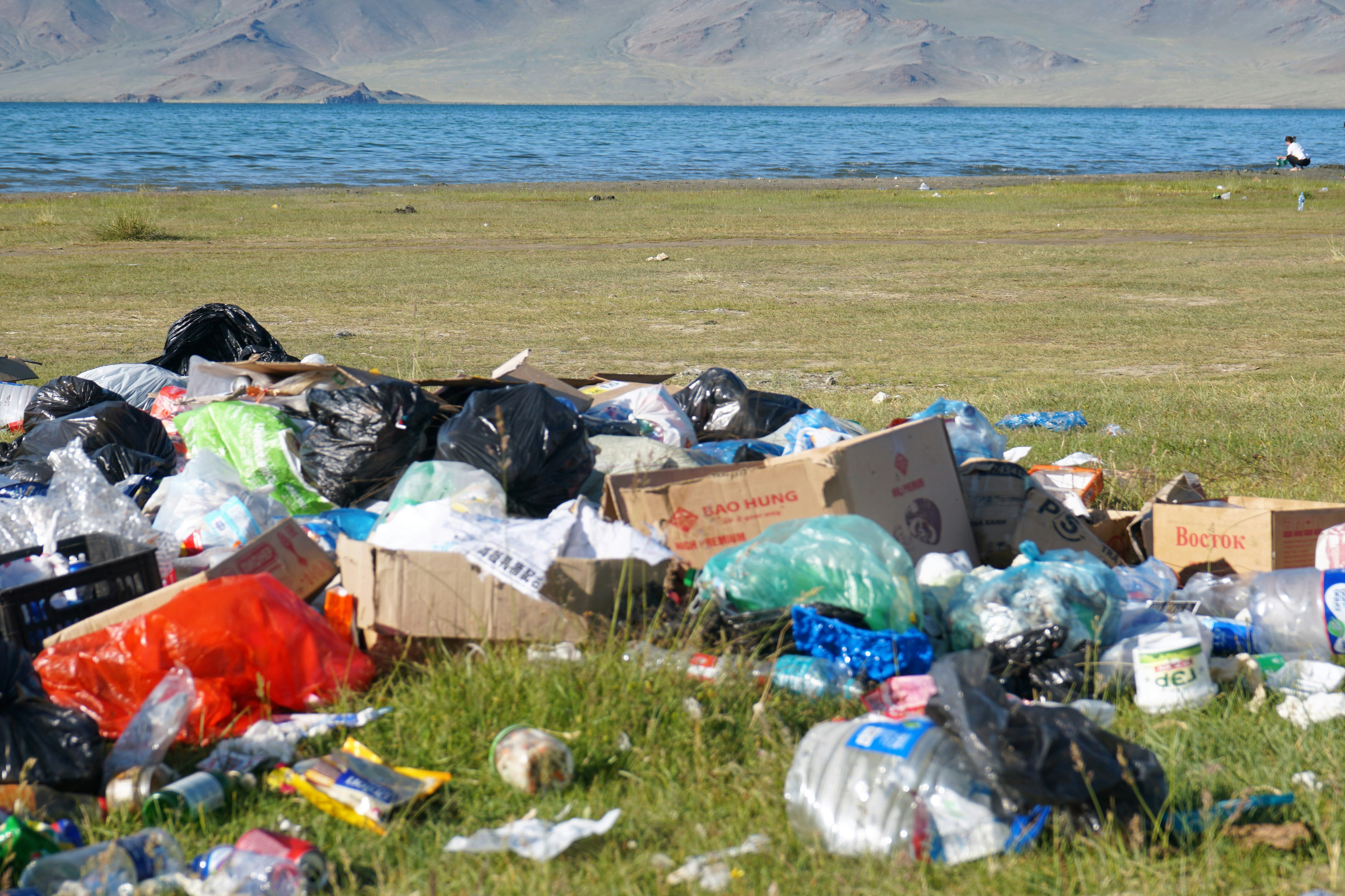 garbage bags on green grass field near sea during daytime