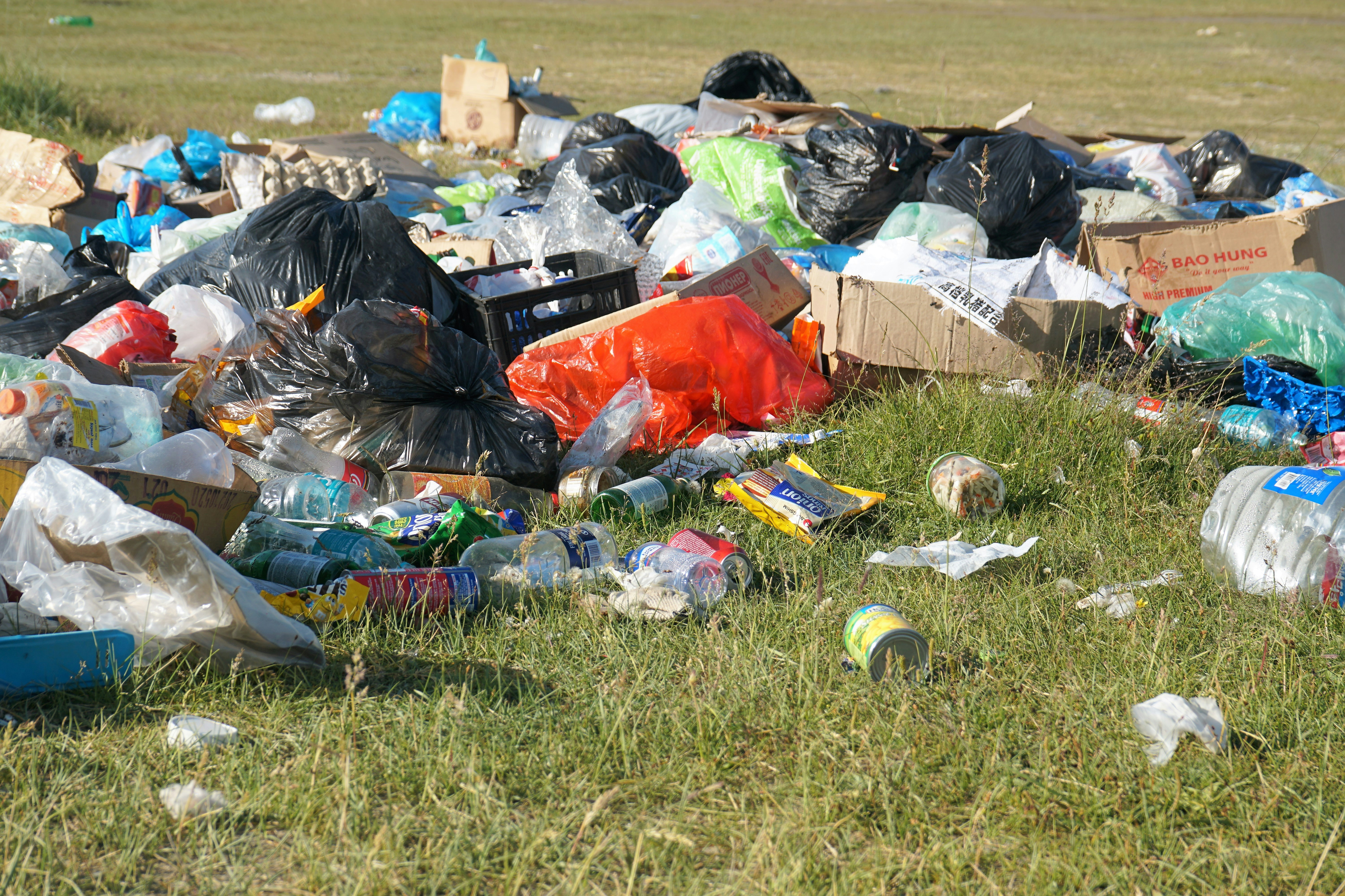 garbage bags on green grass field
