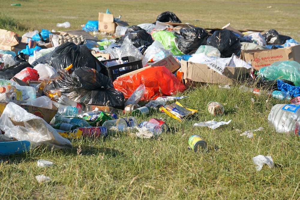 garbage bags on green grass field