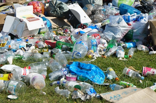 Scattered garbage including plastic bottles, plastic bags, cans, and cardboard boxes are strewn across green grass. The trash is a mix of different materials and colors, indicating improper waste disposal.