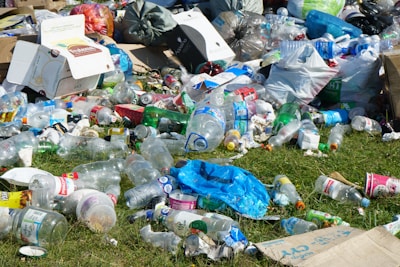 Scattered garbage including plastic bottles, plastic bags, cans, and cardboard boxes are strewn across green grass. The trash is a mix of different materials and colors, indicating improper waste disposal.