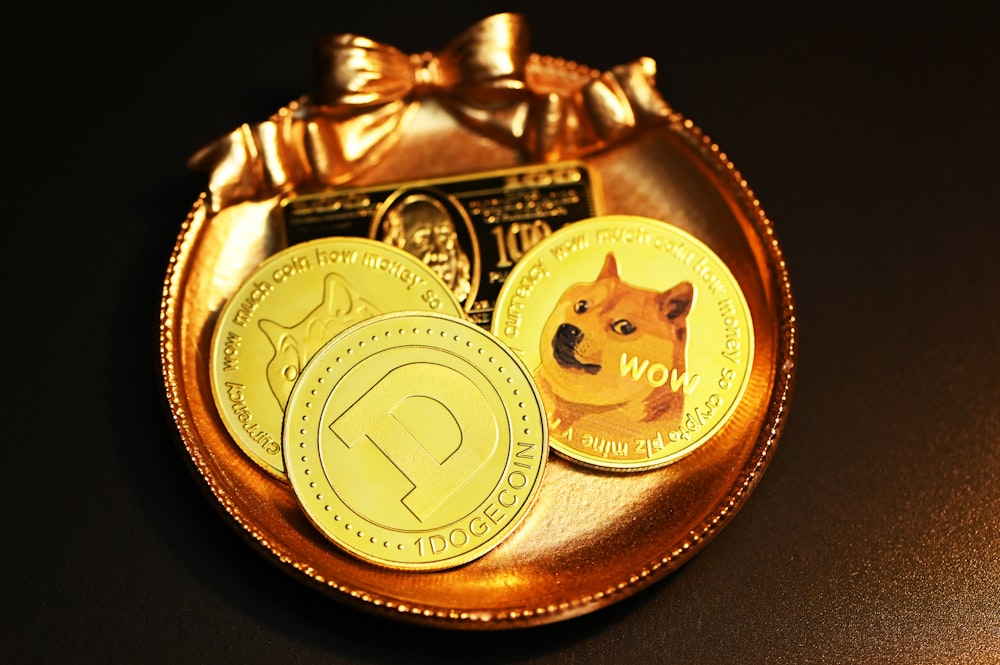 gold round coin on brown leather bag