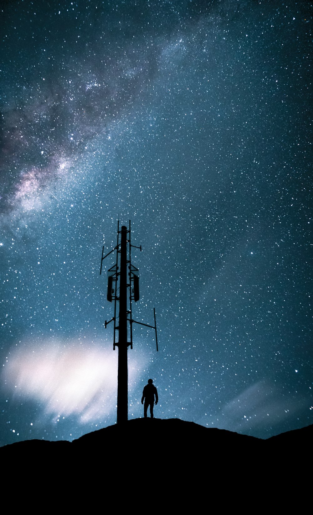silhouette of people standing on top of electric post under starry night