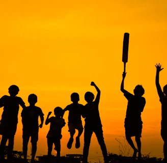 silhouette of people standing on grass field during sunset