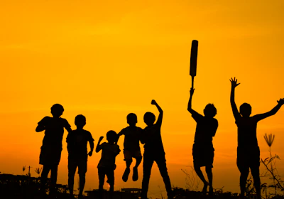 silhouette of people standing on grass field during sunset