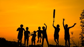 silhouette of people standing on grass field during sunset