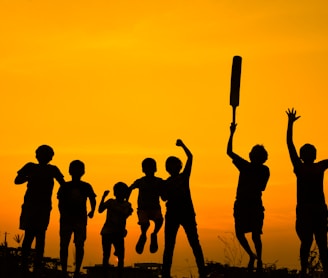 silhouette of people standing on grass field during sunset