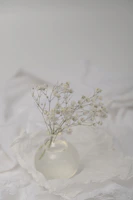 Delicate white lilies arranged with soft greenery in a clear glass vase.