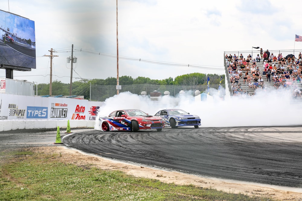 blue and red race car on track