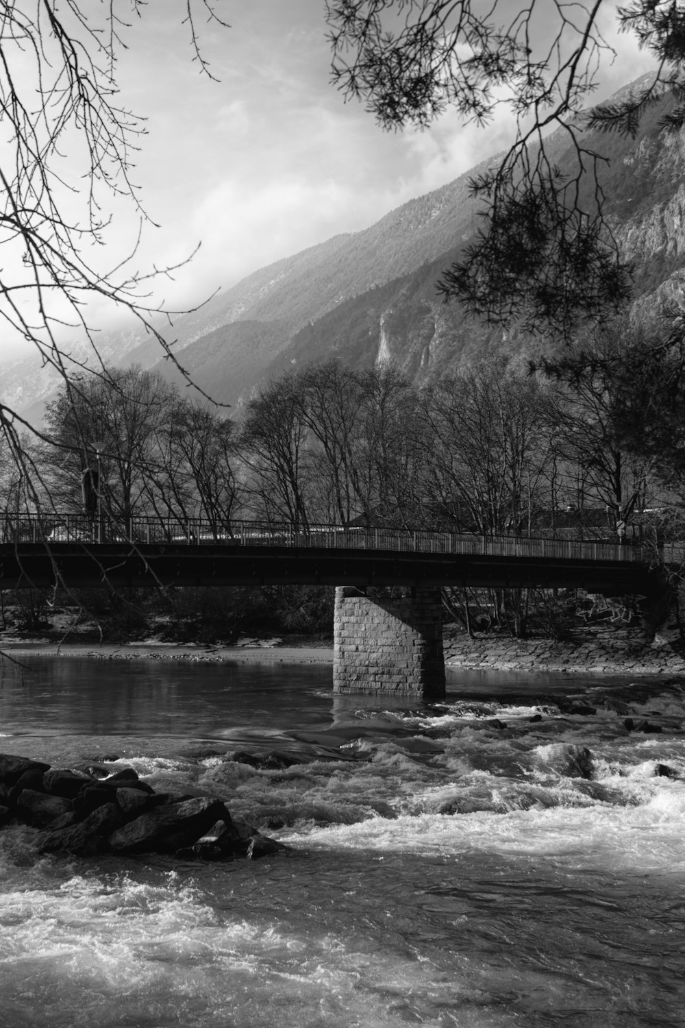 grayscale photo of bridge over river