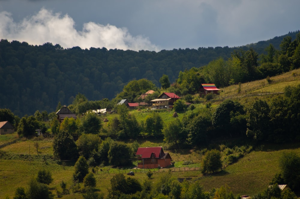 red and white house surrounded by green trees under white clouds