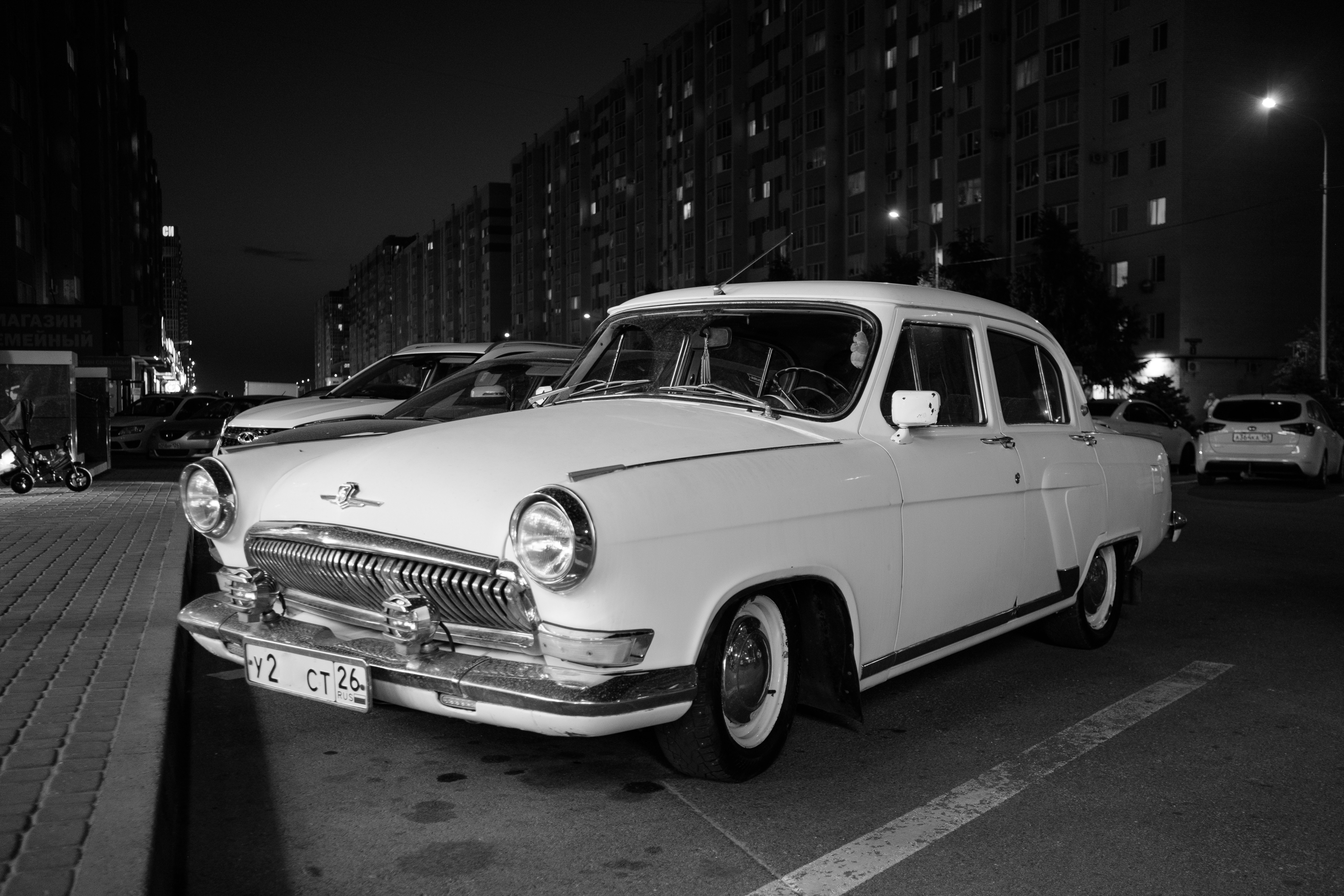 grayscale photo of classic car