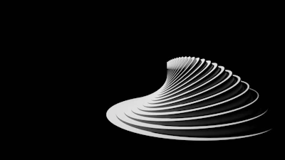 Minimalist black and white visualization of data transforming through layered systems.