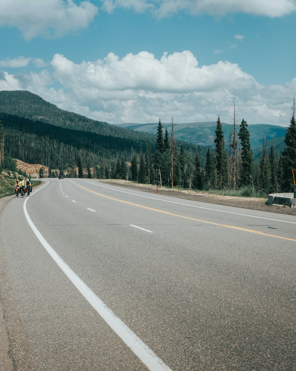 gray concrete road near green trees under white clouds and blue sky during daytime