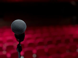 a microphone on a stand in front of a red background