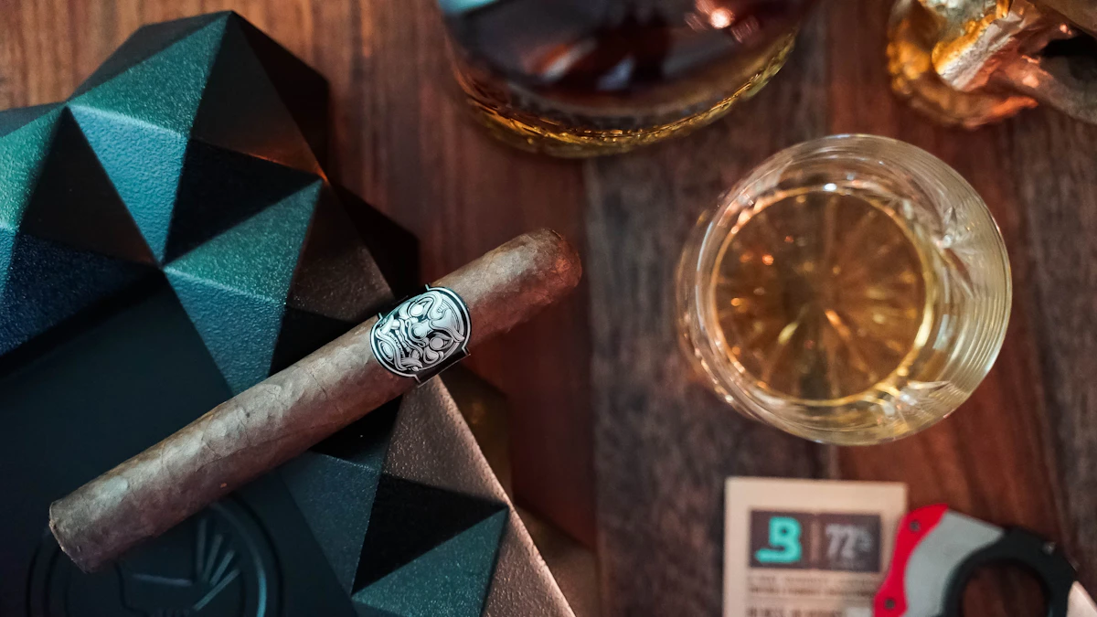 A box-pressed prestige cigar resting beside a crystal whiskey tumbler