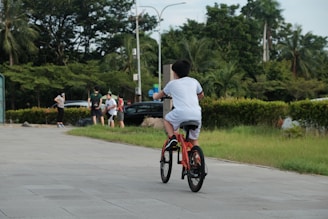 A child happily riding a colorful kids' bike in a park
