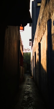 A quiet alleyway bathed in early morning light, with faint audio waveforms overlaid.
