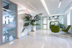 A spotless commercial office space with polished desks and green plants.