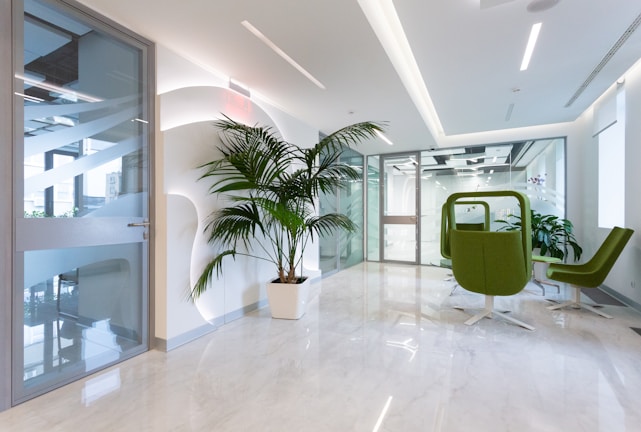A sleek, modern office space with a clear water feature symbolizing clarity and flow.