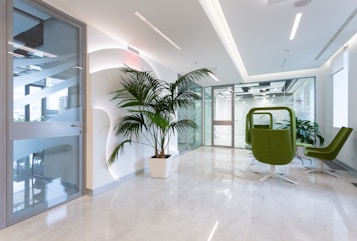 A modern office space with a bright, clean aesthetic. The area features a large potted plant against a white wall with geometric designs. The floor is made of polished, light-colored marble. There are two green swivel chairs and a small table near a glass door. Large glass partitions separate the space, allowing natural light to illuminate the area.