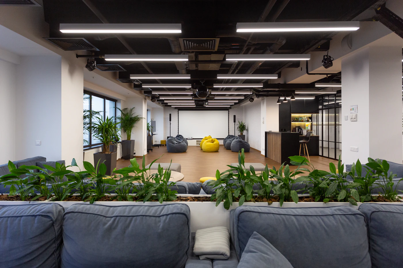 Office floor with dense planting between desk clusters